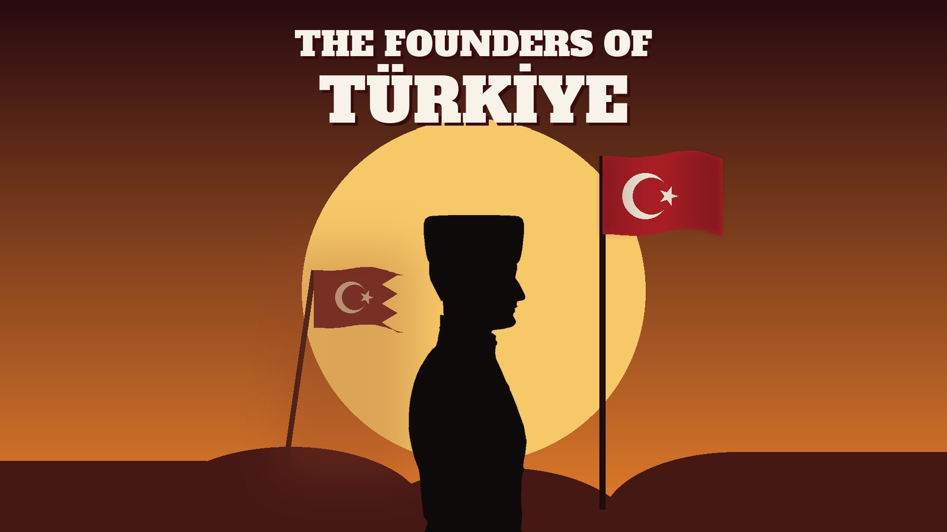 Gün batımında kalpaklı bir siluet ve iki Türk bayrağı; üstte The Founders Of Türkiye yazısı