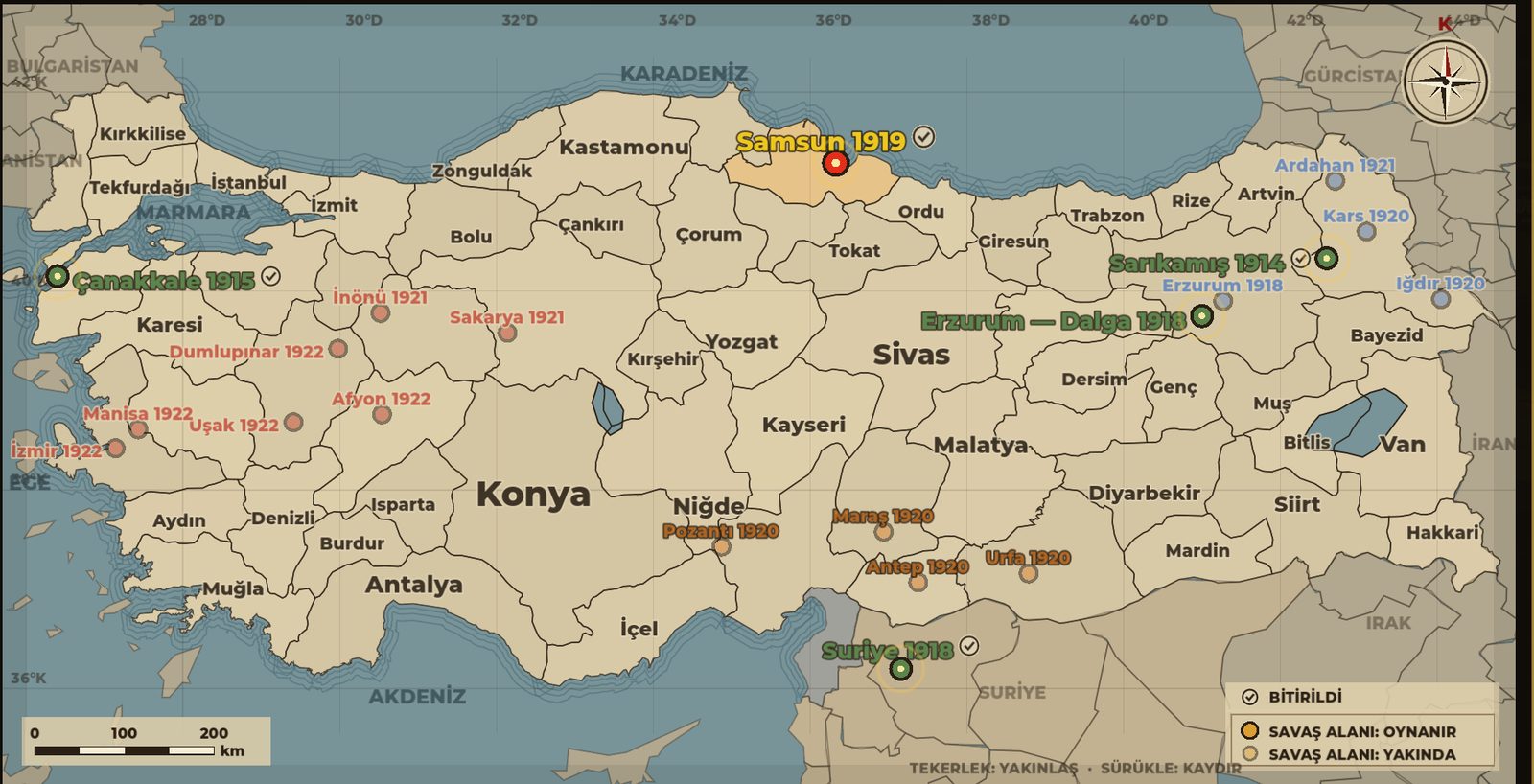 Oyundaki harekât haritası: Çanakkale 1915'ten İzmir 1922'ye cepheler