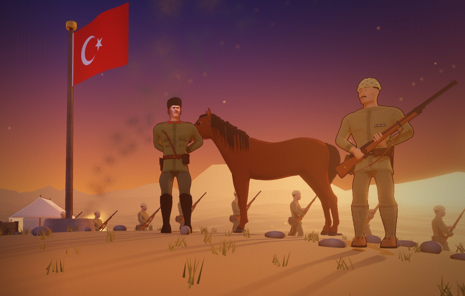 Gün batımında Türk bayrağı, bir at, iki asker ve arkada tüfekli askerler
